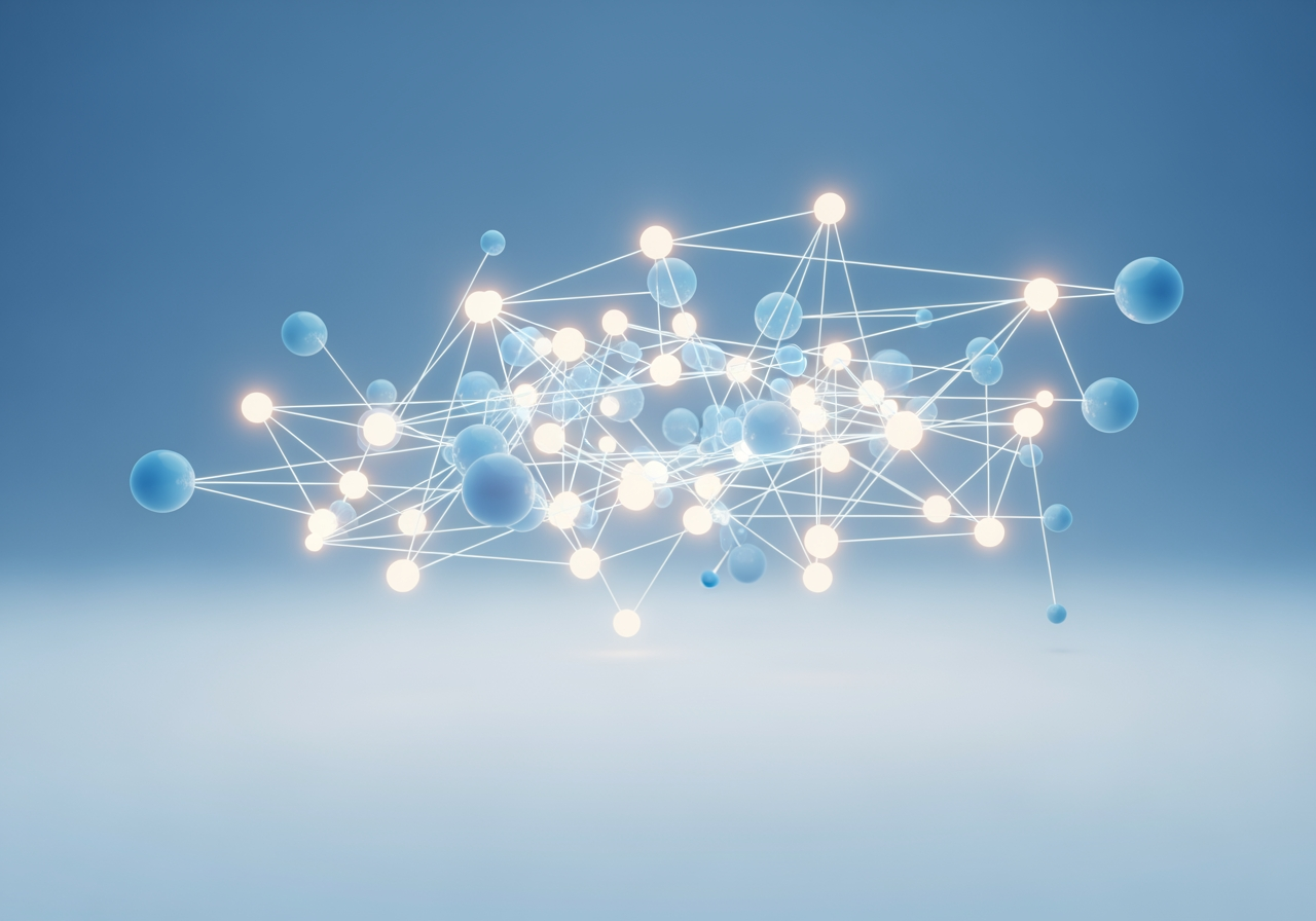 통합된 AI 워크플로우를 상징하는 3D 공간의 빛나는 네트워크 노드