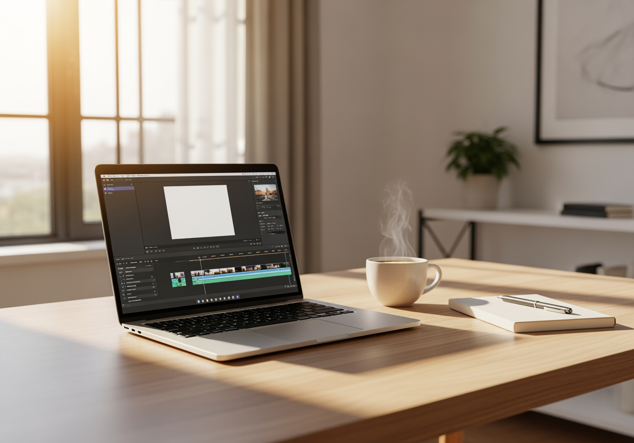 효율적인 동영상 편집 워크플로우를 보여주는 노트북이 있는 현대적인 작업 공간