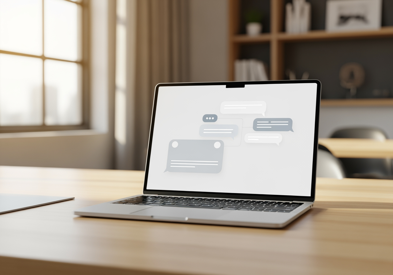 추상적인 채팅 인터페이스를 표시하는 책상 위의 현대적인 노트북