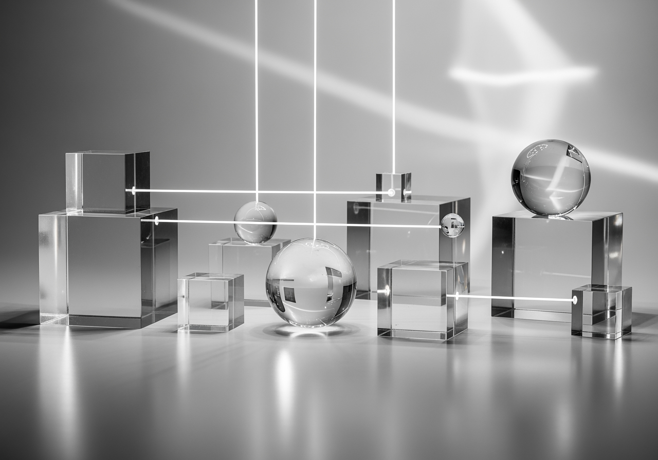 여러 AI 모델의 통합을 나타내는, 밝은 스튜디오에 연결된 유리 기하학적 도형들