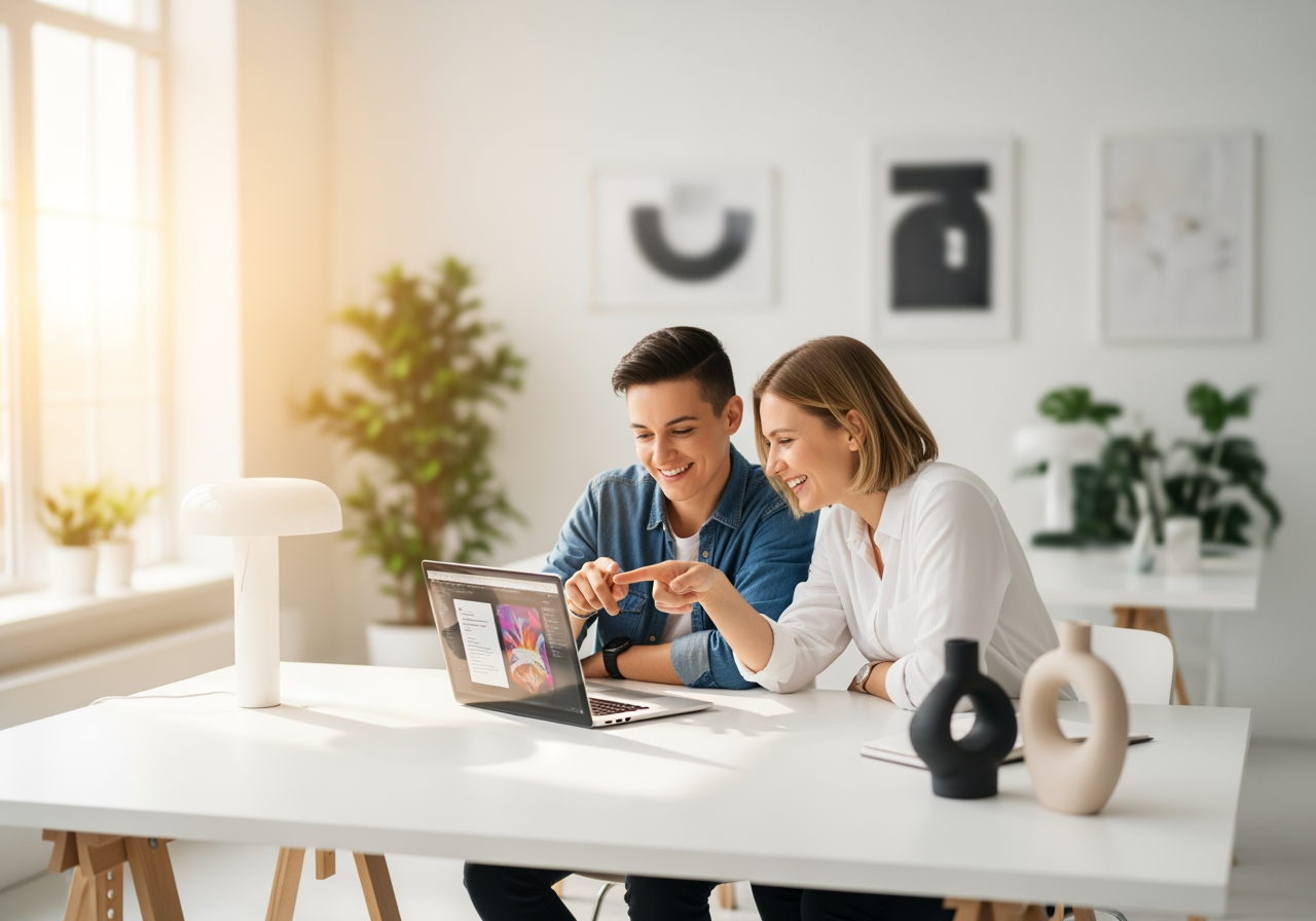 현대적인 작업 공간에서 프로젝트를 즐겁게 협업하는 두 명의 크리에이티브 전문가