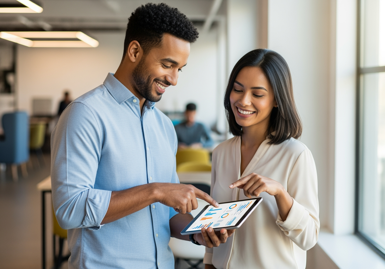디지털 태블릿으로 작업을 공유하고 협업하는 팀원들