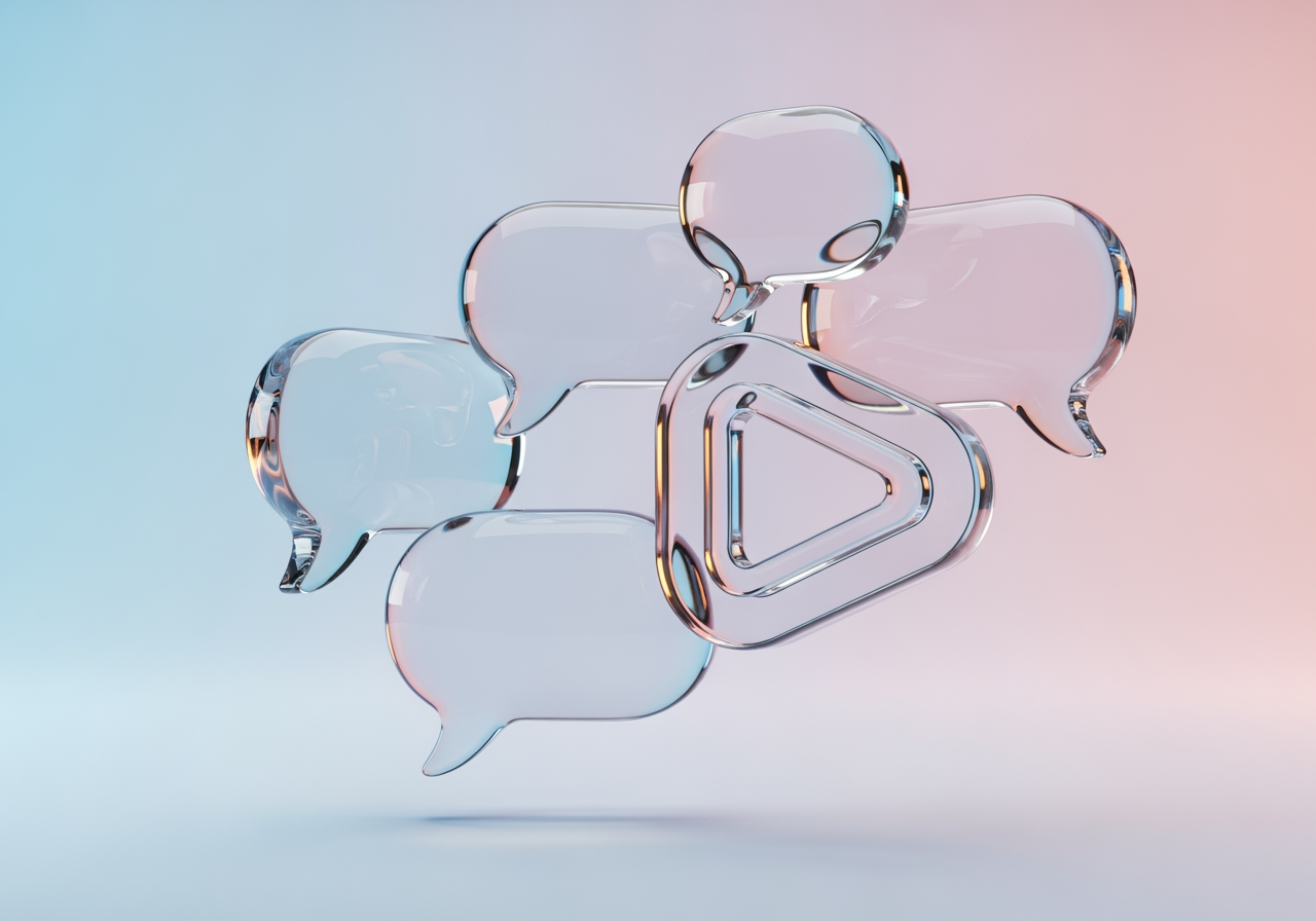 대화형 비디오 편집을 나타내는 추상적인 유리 말풍선과 재생 버튼