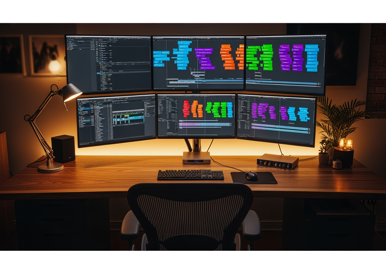 편집 타임라인을 보여주는 여러 대의 모니터가 있는 현대적인 비디오 편집 작업 공간