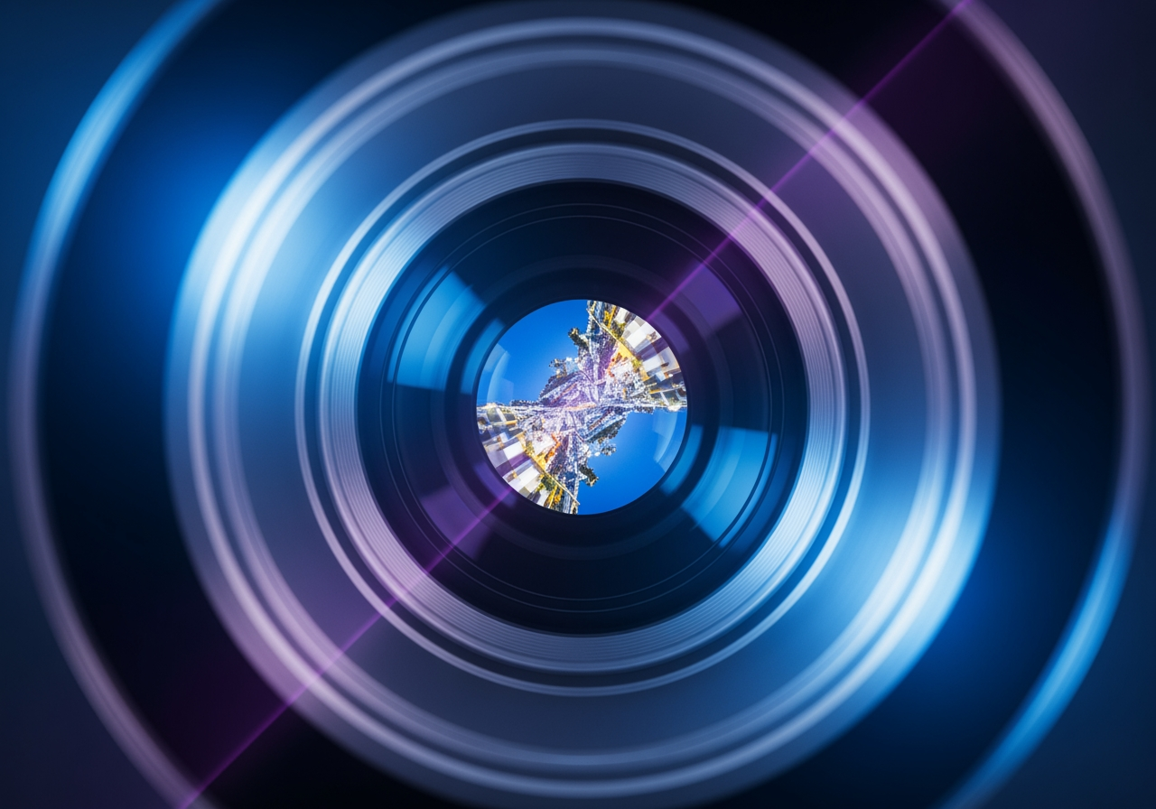 이미지를 선명하게 확대하는 유리 렌즈의 매크로 샷, 4K 업스케일링 품질 상징