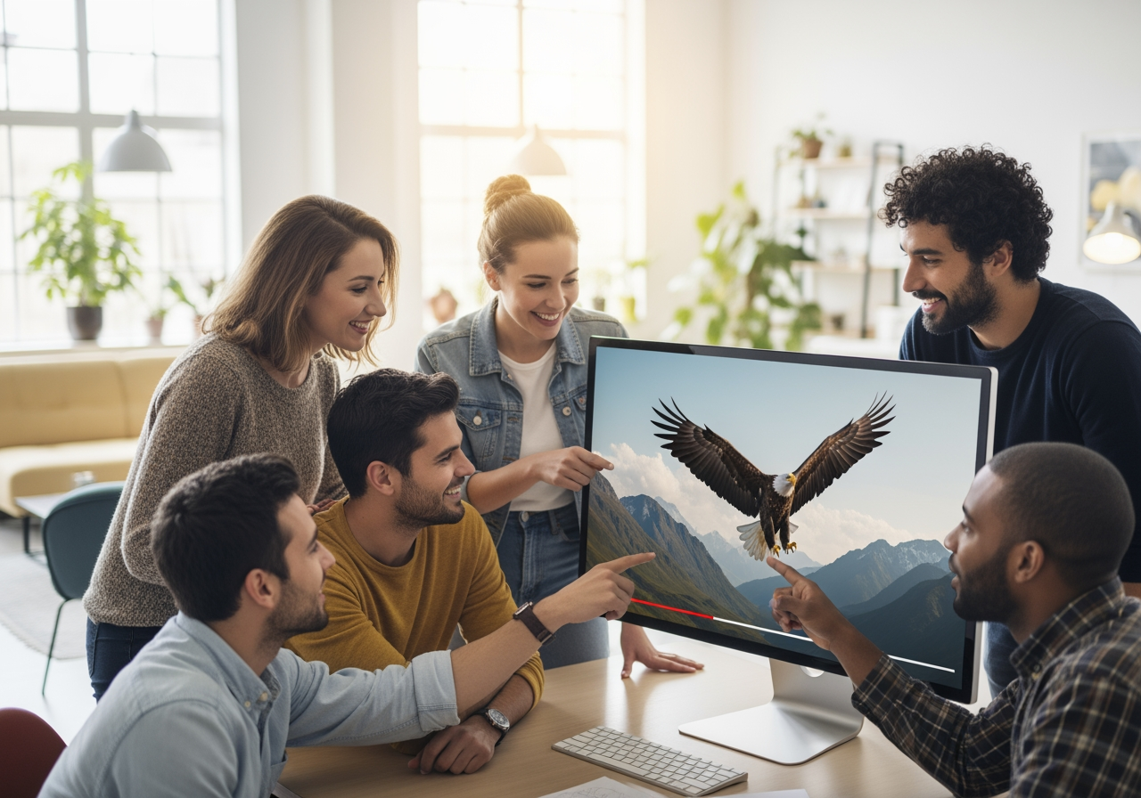 모니터에서 고품질 비디오 루프를 검토하며 협업하는 크리에이티브 팀