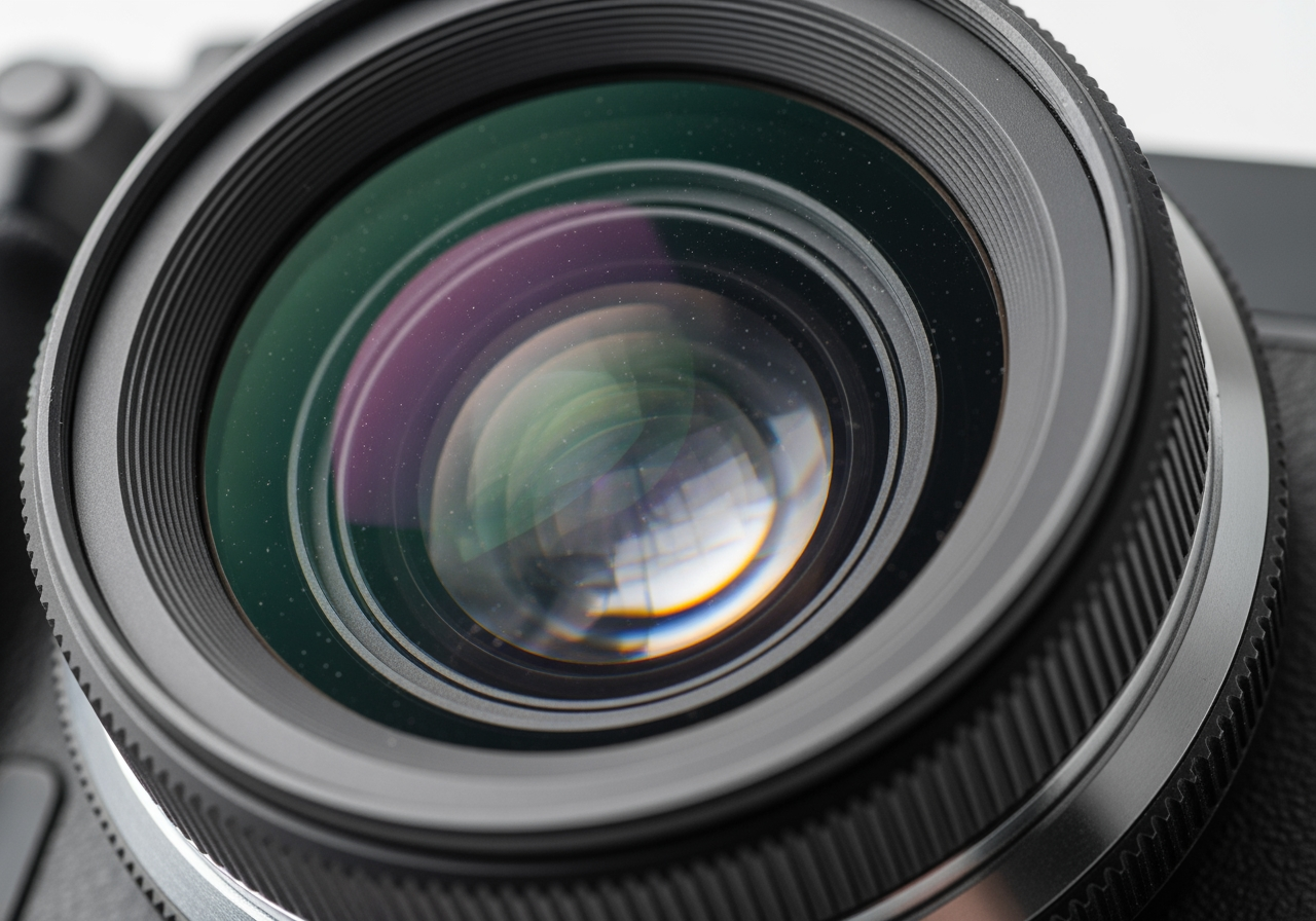 4K 고해상도 업스케일링을 상징하는 카메라 렌즈 요소의 클로즈업