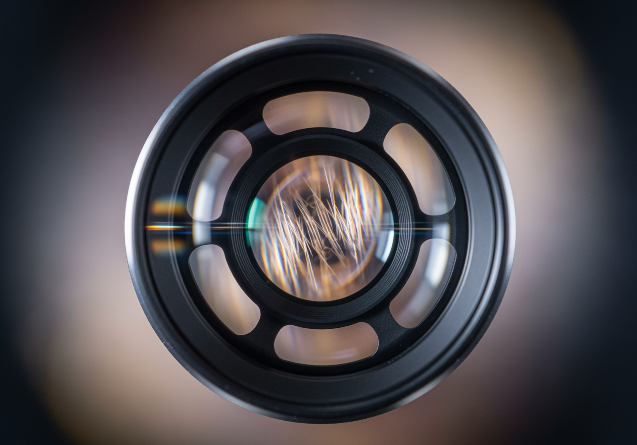 4K 업스케일링과 선명함을 상징하는 빛을 모으는 광학 렌즈