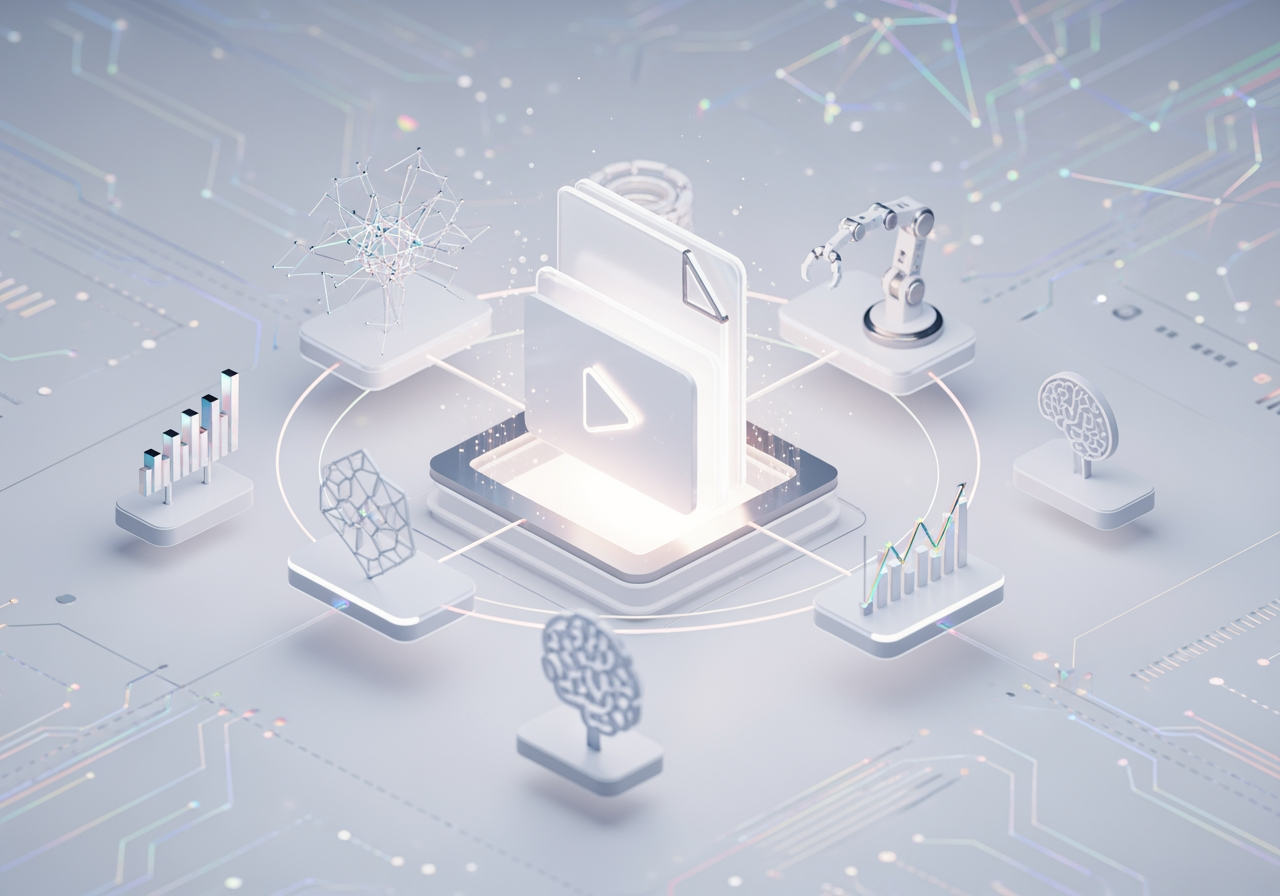 중앙의 비디오 파일 심볼에 연결된 빛나는 디지털 노드들의 추상적인 3D 네트워크