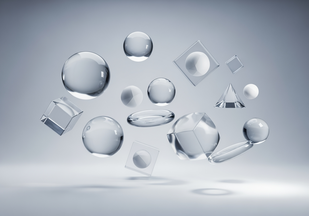 경량 웹 최적화와 투명도를 나타내는 공중에 떠 있는 추상적인 반투명 도형들