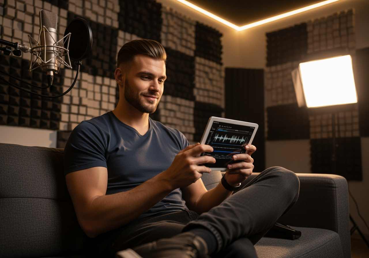 녹음실 환경에서 전문적인 콘텐츠를 검토하는 가수