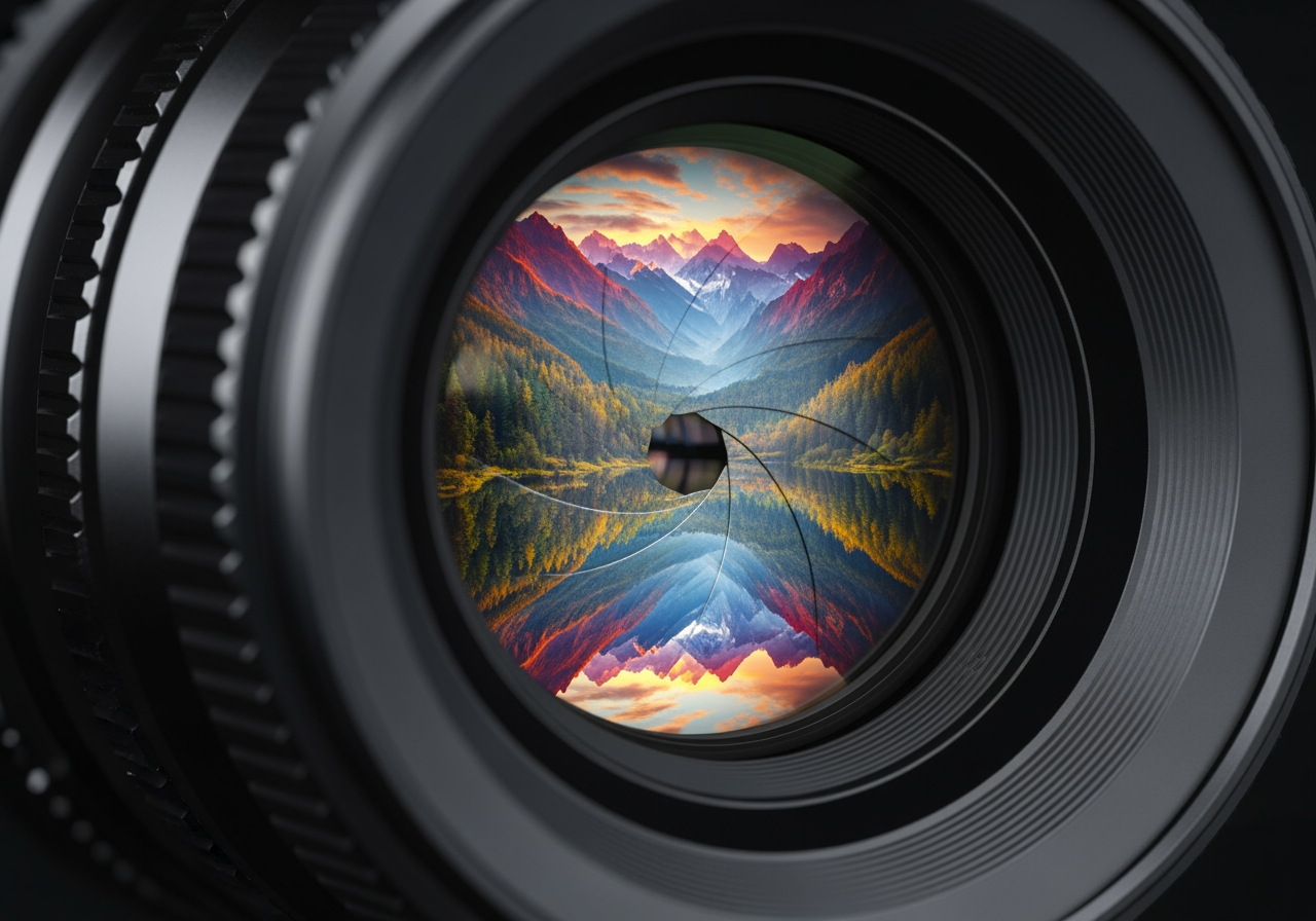4K 고화질 이미지 생성을 상징하는, 선명한 색상을 반사하는 카메라 렌즈의 클로즈업