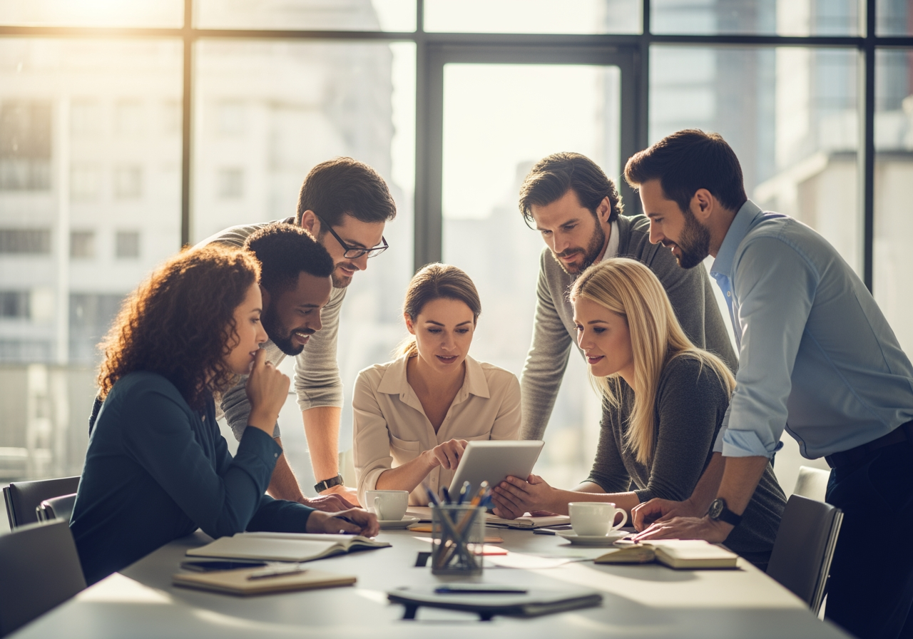 현대적인 사무실 환경에서 디지털 태블릿을 보며 협업하는 창의적인 팀