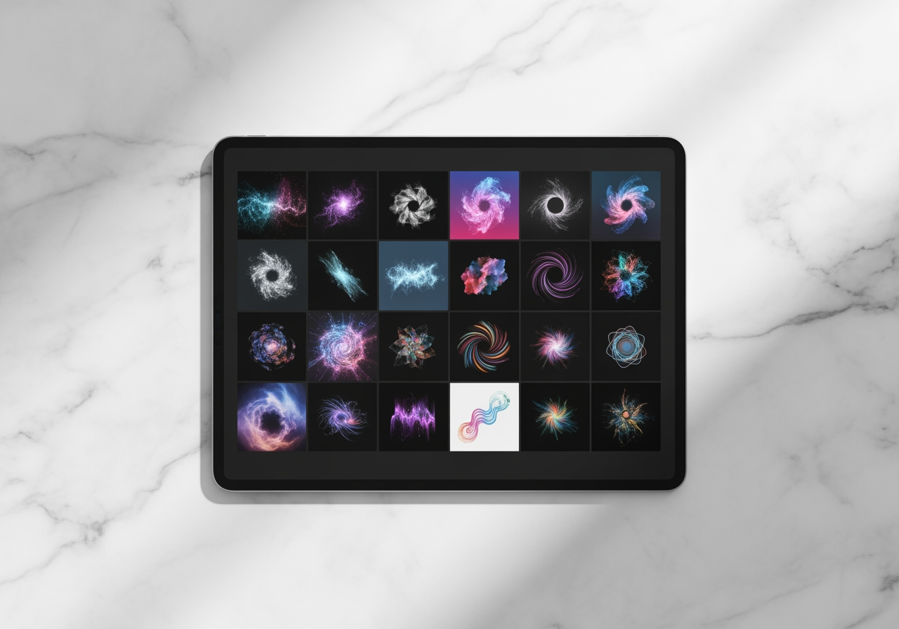 Tablet su un tavolo di marmo che mostra una collezione di grafiche animate artistiche colorate