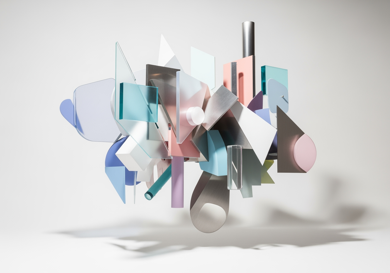 다양한 AI 도구를 상징하는 떠다니는 추상적 기하학 도형들