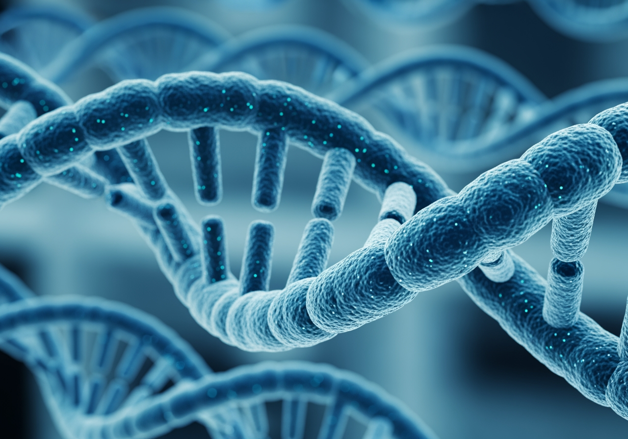 수정처럼 맑은 유리 질감의 DNA 이중 나선 클로즈업