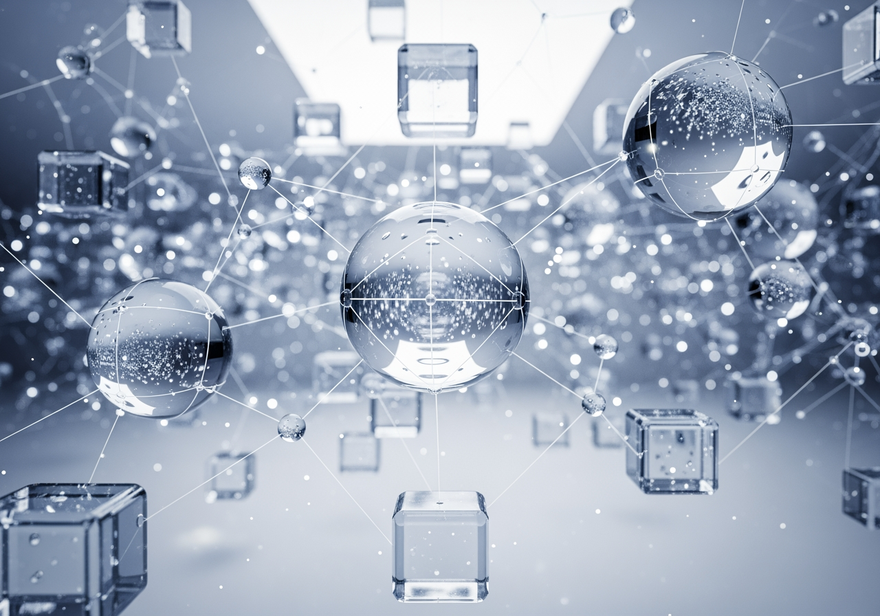 비디오, 오디오, 이미지 데이터의 통합을 나타내는 서로 연결된 기하학적 유리 도형