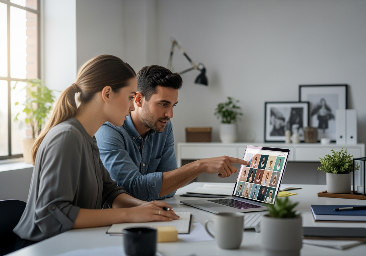 현대적인 사무실에서 이미지 일관성을 위해 협업하는 크리에이티브 팀