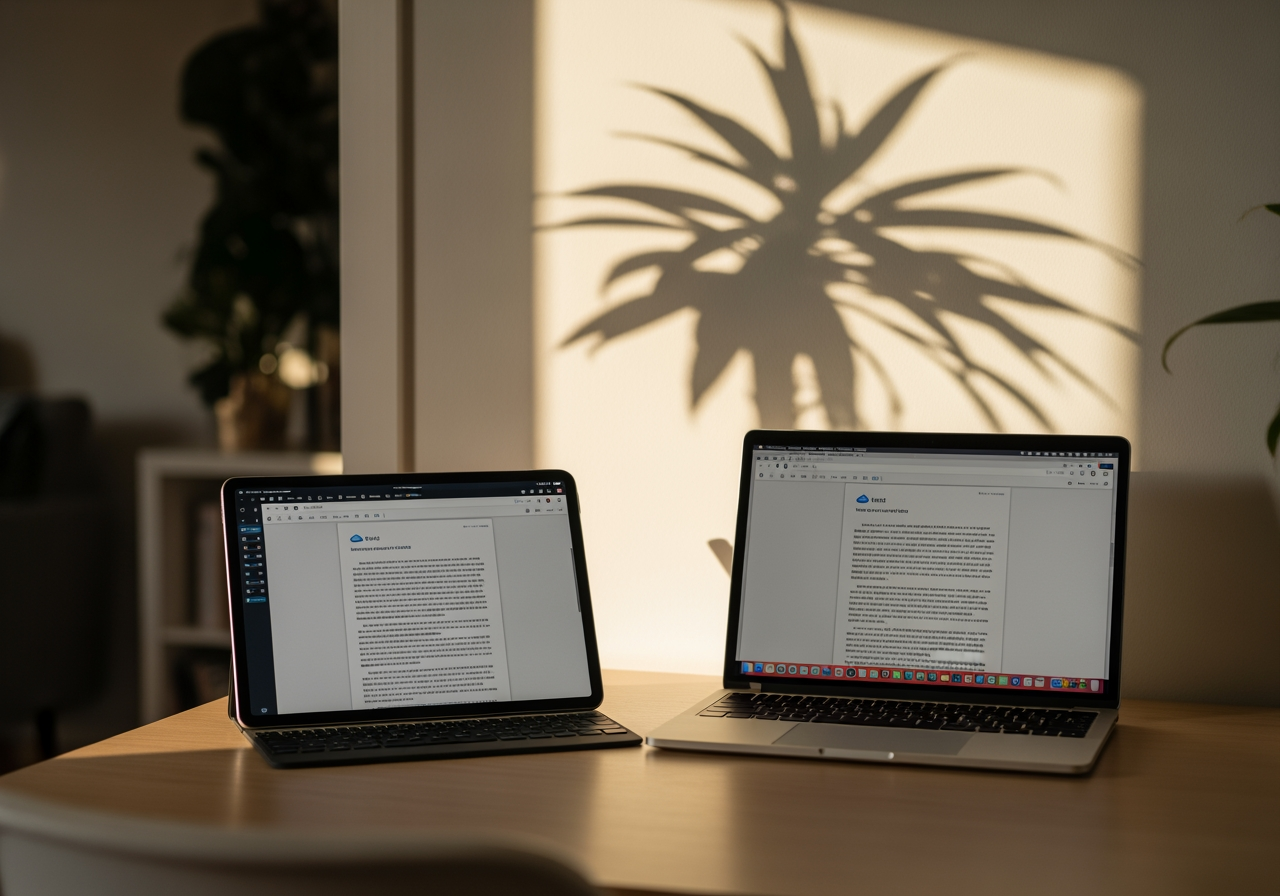 원활한 웹 기반 워크플로우를 암시하는 노트북과 태블릿이 있는 현대적인 작업 공간