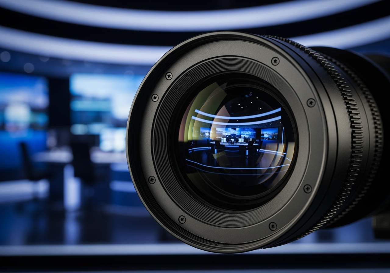 4K 해상도를 상징하는 스튜디오 세트에 초점을 맞춘 고품질 방송용 카메라 렌즈