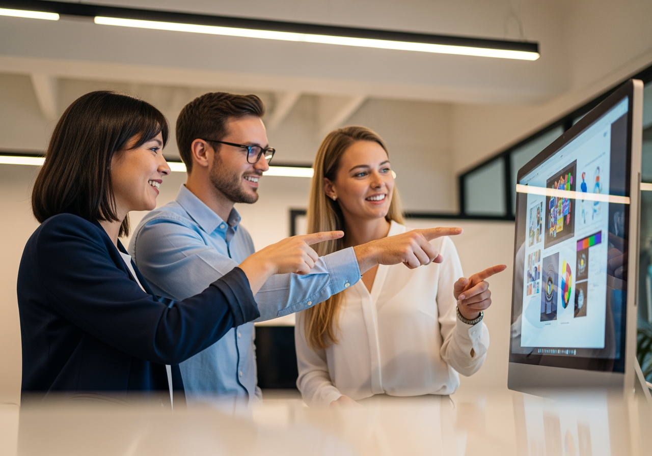 밝은 사무실에서 모니터 앞에서 협업하는 크리에이티브 팀