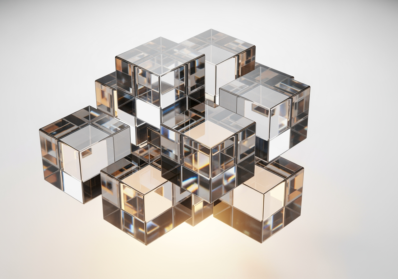 AI 통합을 상징하는 빛을 굴절시키는 부유하는 유리 큐브