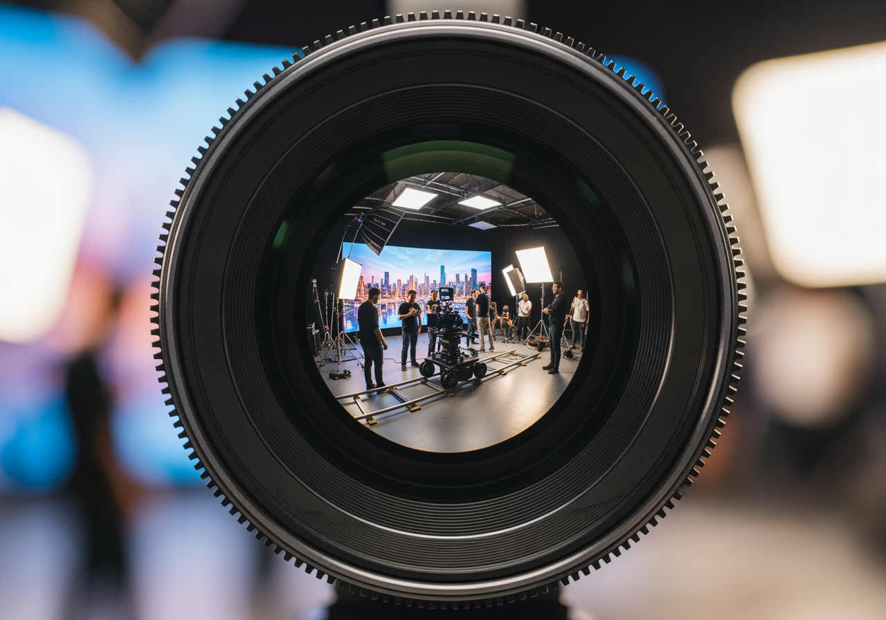 4K 비디오 업스케일링과 고품질 콘텐츠 제작을 상징하는 시네마 카메라 렌즈