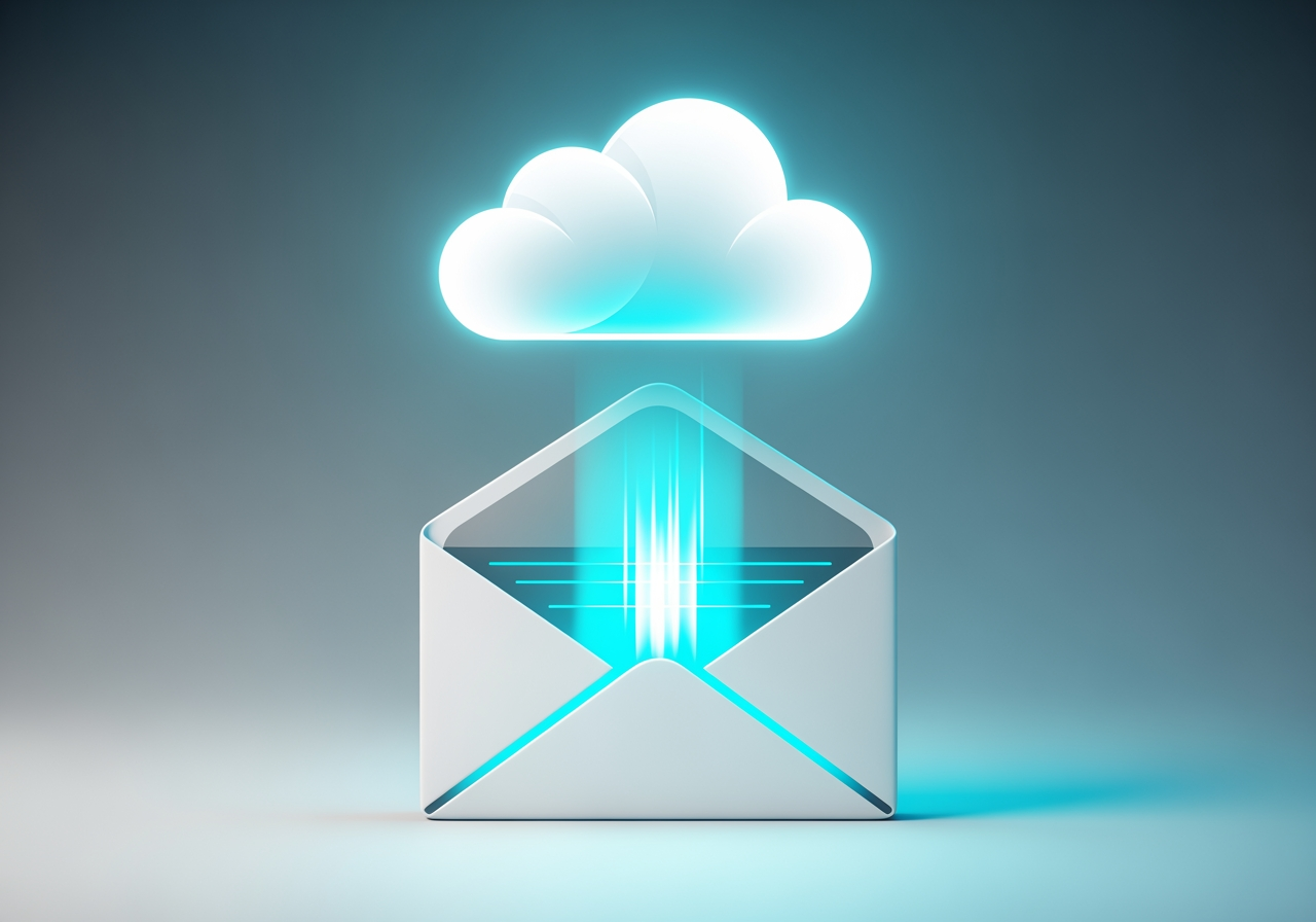 고품질 링크 공유를 나타내는 봉투 위의 스타일리시한 구름 아이콘