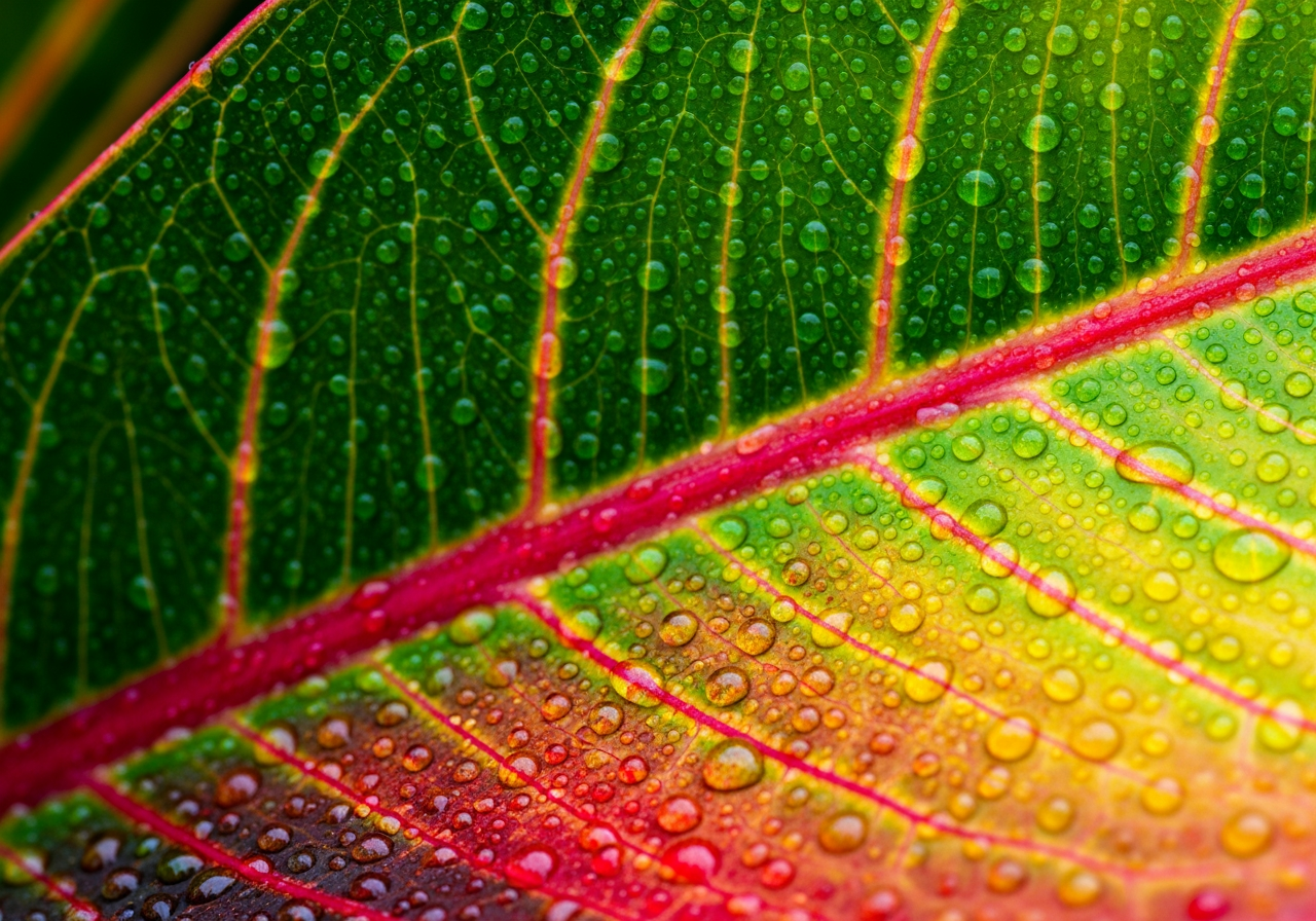 4K 해상도 품질을 보여주는 물방울이 맺힌 생생한 열대 잎의 매크로 샷