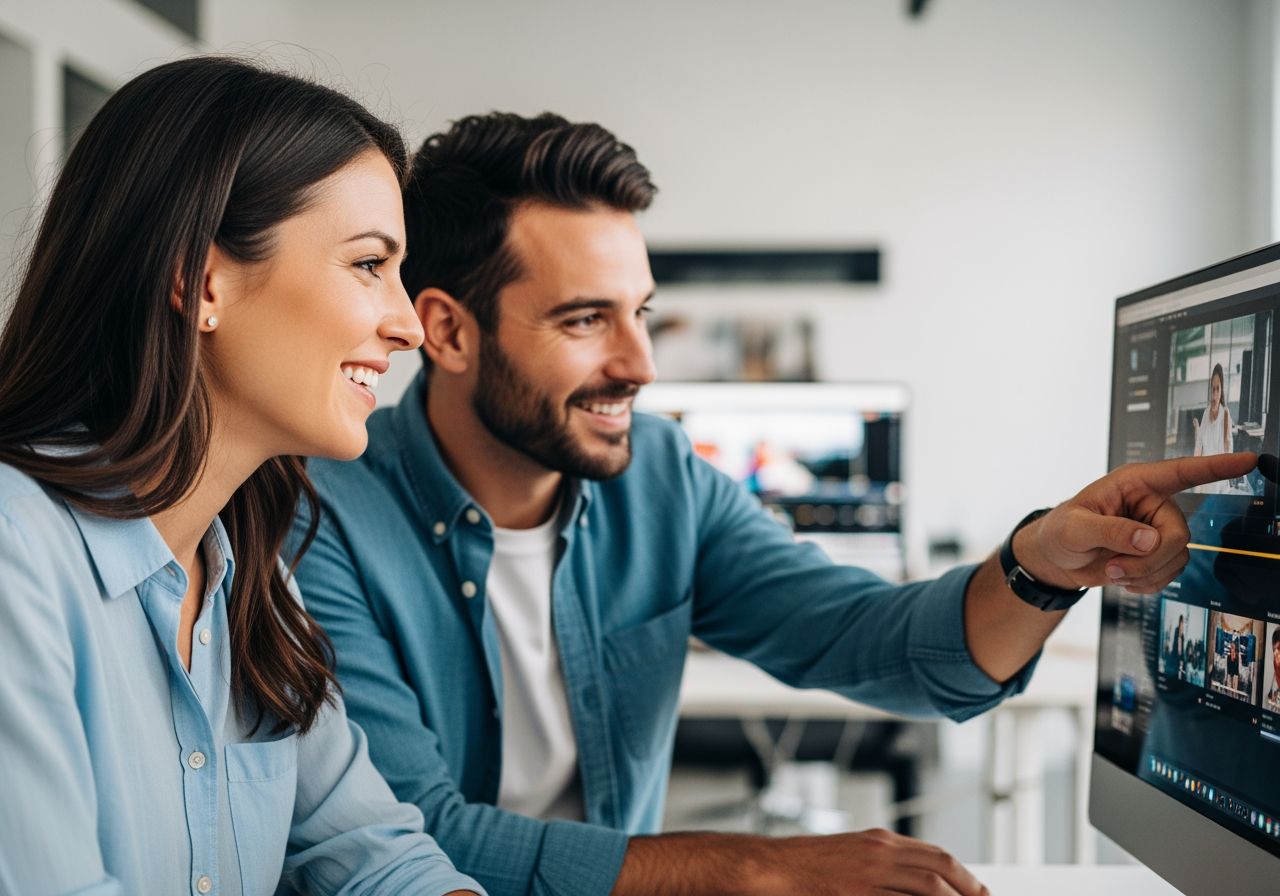 현대적인 스튜디오에서 모니터의 고화질 비디오 콘텐츠를 검토하며 협업하는 두 명의 크리에이티브 전문가