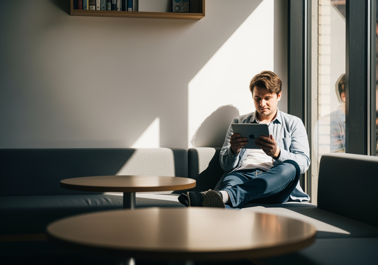 조용하고 햇살이 비치는 도서관에서 태블릿을 확인하는 사람