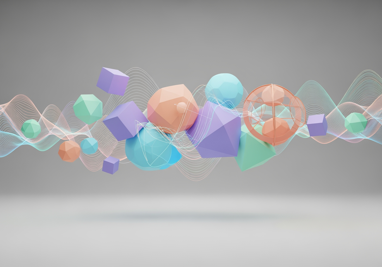 멀티모달 AI 데이터가 융합되는 것을 표현한 추상적인 형태