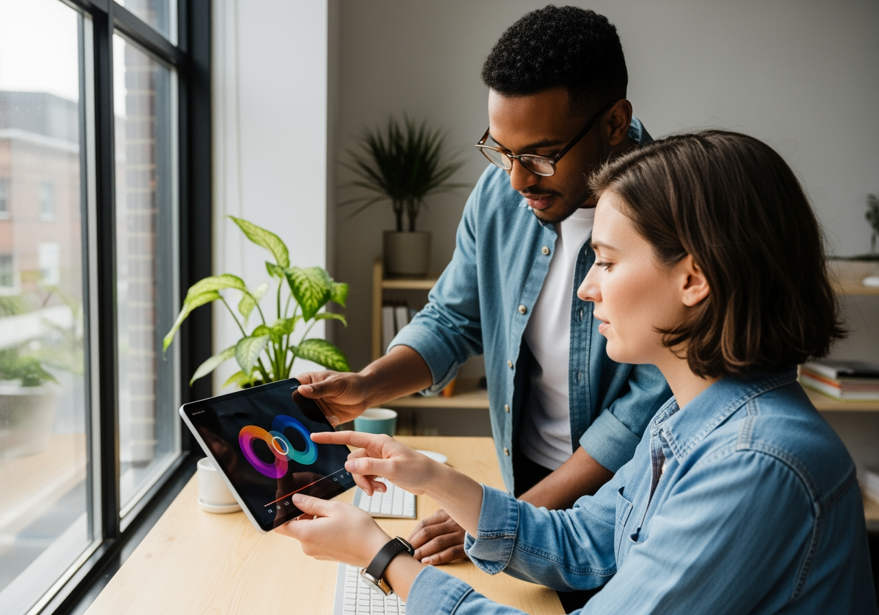 Creative team collaborating on a tablet, reviewing a clean video loop without watermarks in a modern office