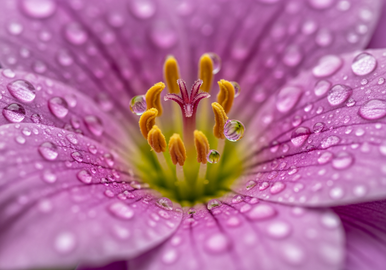 4K 해상도의 선명함을 보여주는 물방울이 맺힌 꽃의 매크로 사진