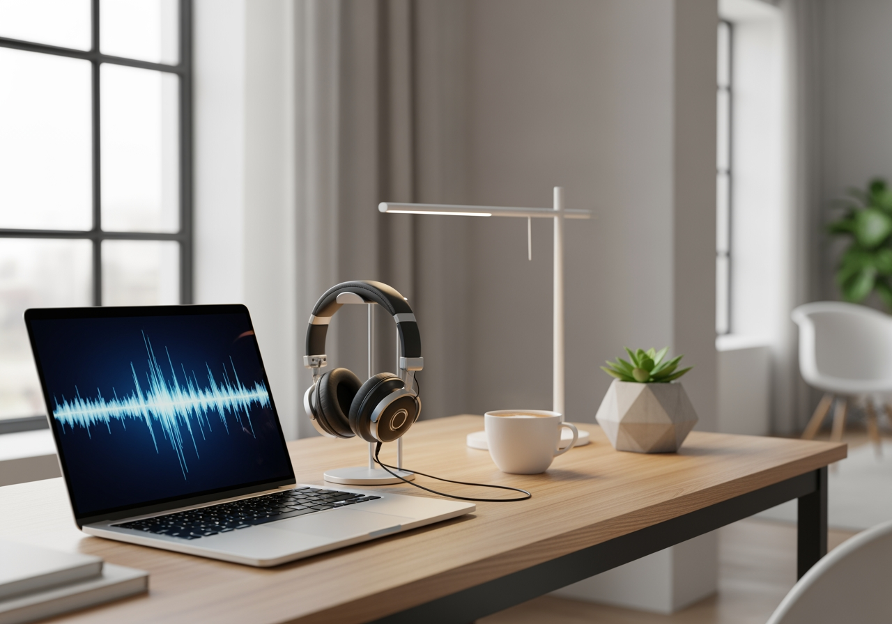 창의적인 오디오 편집 워크플로우를 위한 노트북과 헤드폰이 있는 현대적인 작업 공간