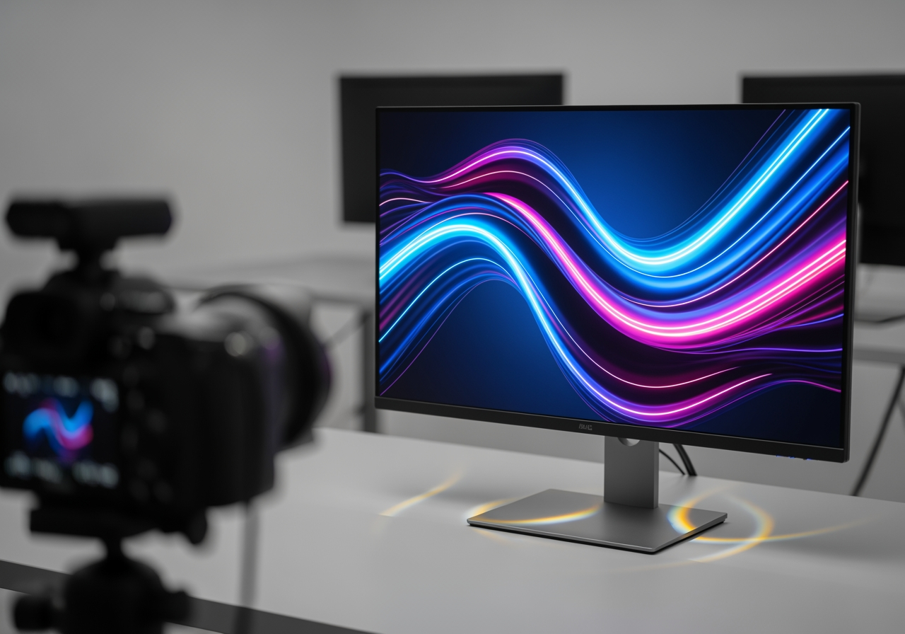 크리에이티브 스튜디오에서 선명하고 생생한 추상 이미지를 보여주는 4K 모니터