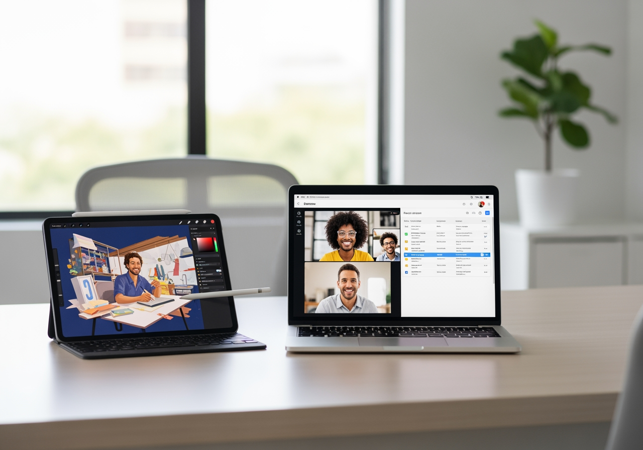 원활한 협업을 나타내는 작업 공간의 디지털 기기들