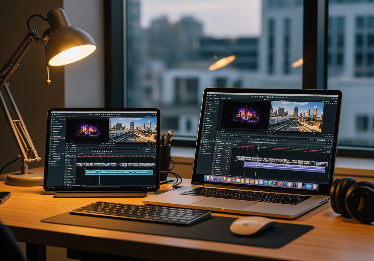 팀 협업을 위해 동기화된 비디오 프로젝트를 보여주는 깨끗한 책상 위의 노트북과 태블릿