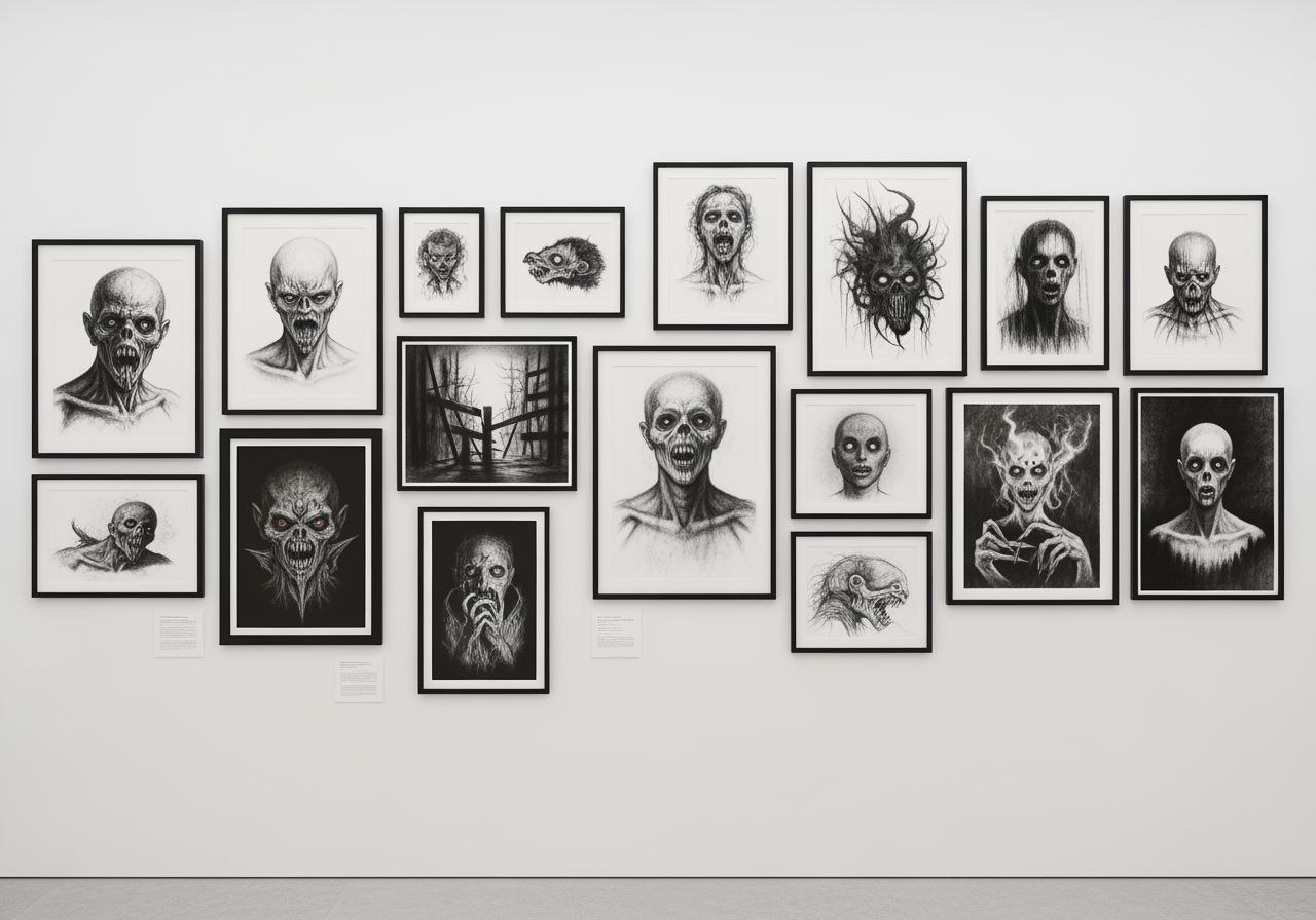 기이한 목탄화 컬렉션이 전시된 현대적인 갤러리 벽