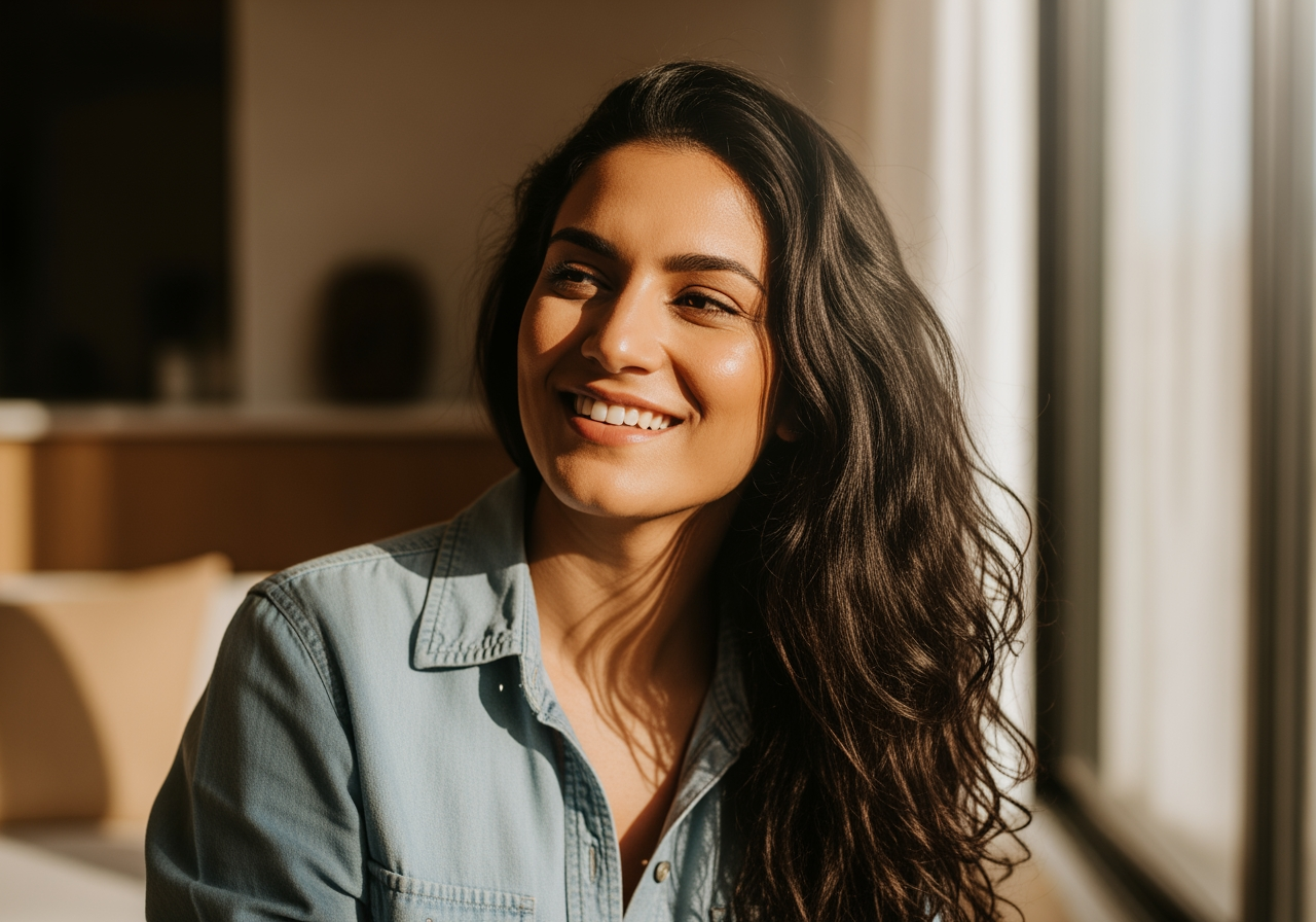 따뜻한 조명 아래 자연스럽게 미소 짓는 자신감 있는 인물, 진정한 자아상을 표현