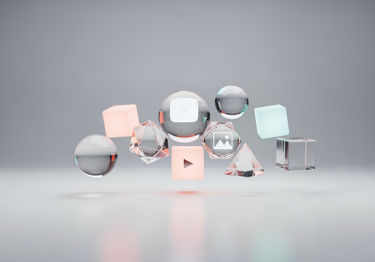 통합된 다양한 AI 창작 도구 컬렉션을 나타내는 떠 있는 기하학적 도형들