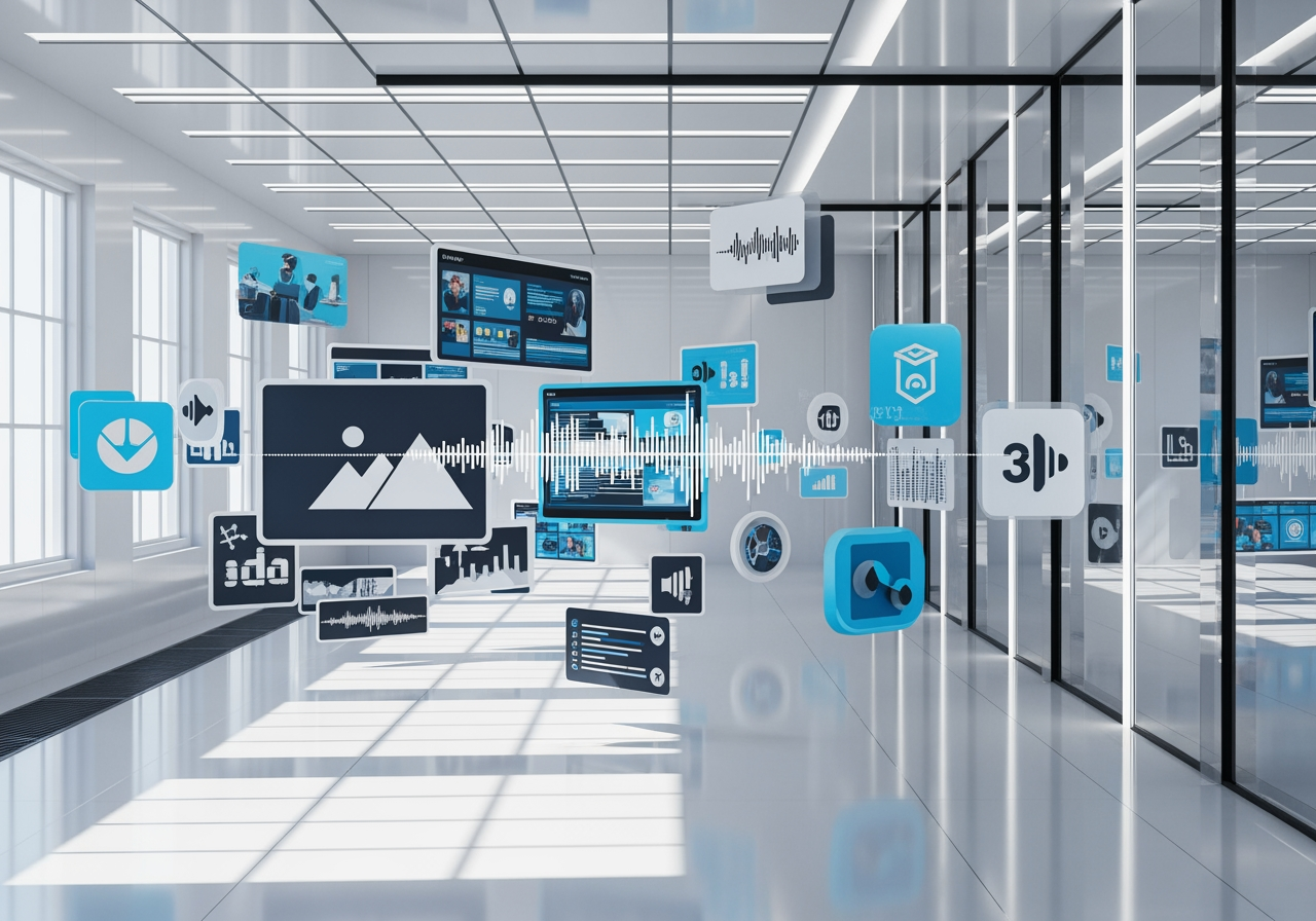 떠다니는 디지털 미디어 자산이 있는 첨단 크리에이티브 스튜디오 컨셉