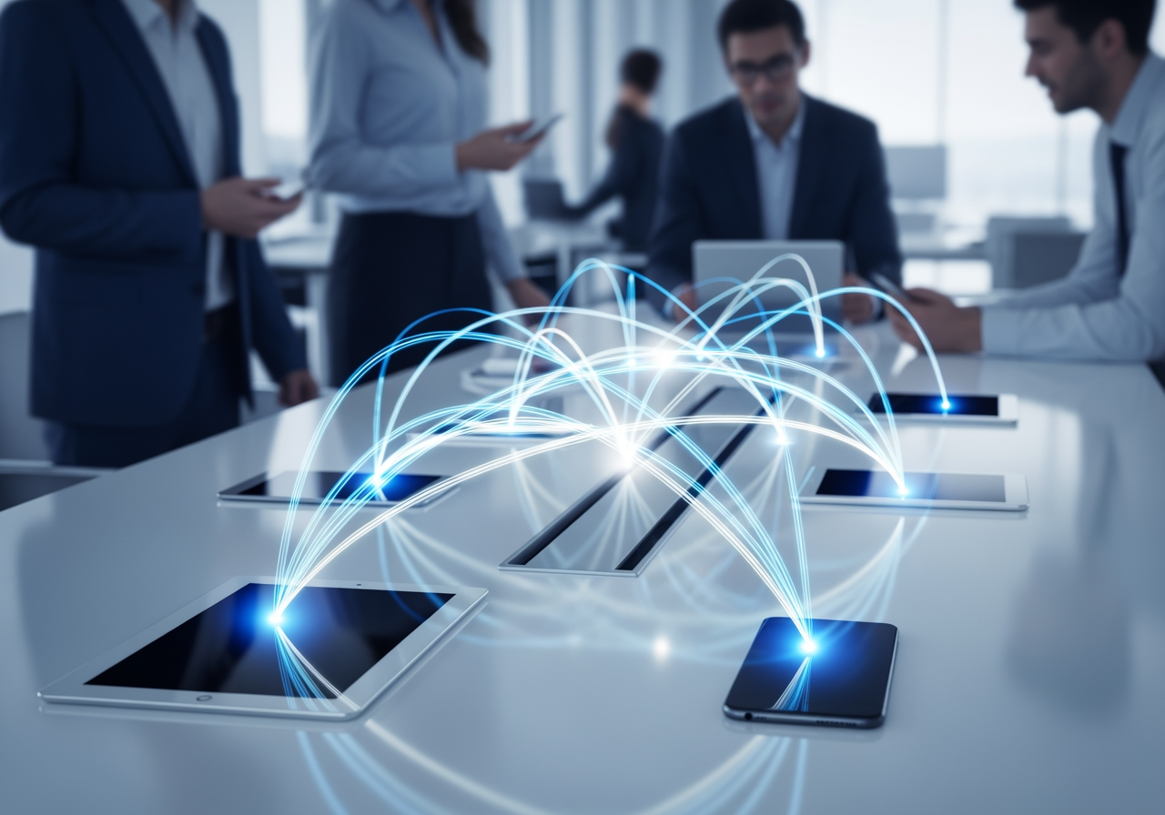 워크플로우를 나타내는 회의 테이블 위 스마트 기기들 사이의 빛나는 디지털 연결