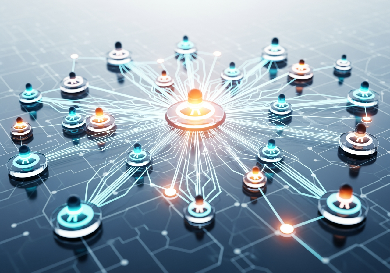 AI 에셋 공유 및 팀 협업을 상징하는 네트워크 연결 컨셉