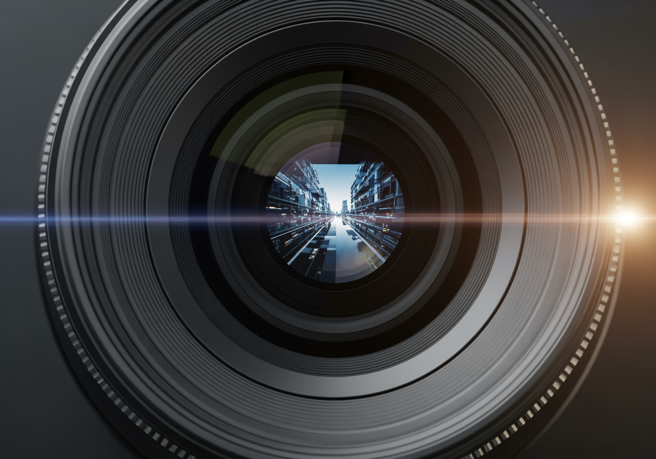 4K 이미지 업스케일링을 상징하는 하이테크 카메라 렌즈의 클로즈업