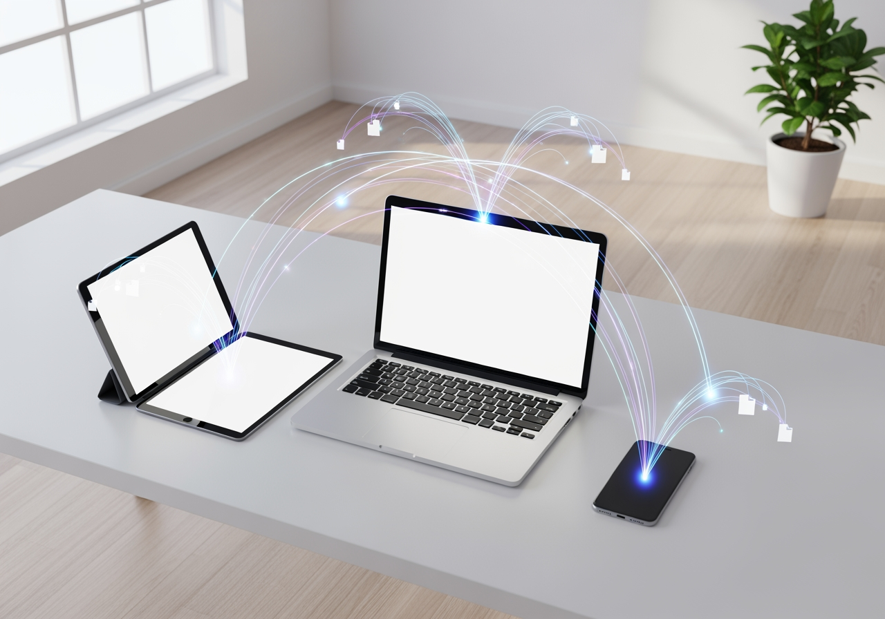 기기 간 호환성을 보여주는 연결된 빛의 흐름이 있는 미니멀한 디지털 작업 공간