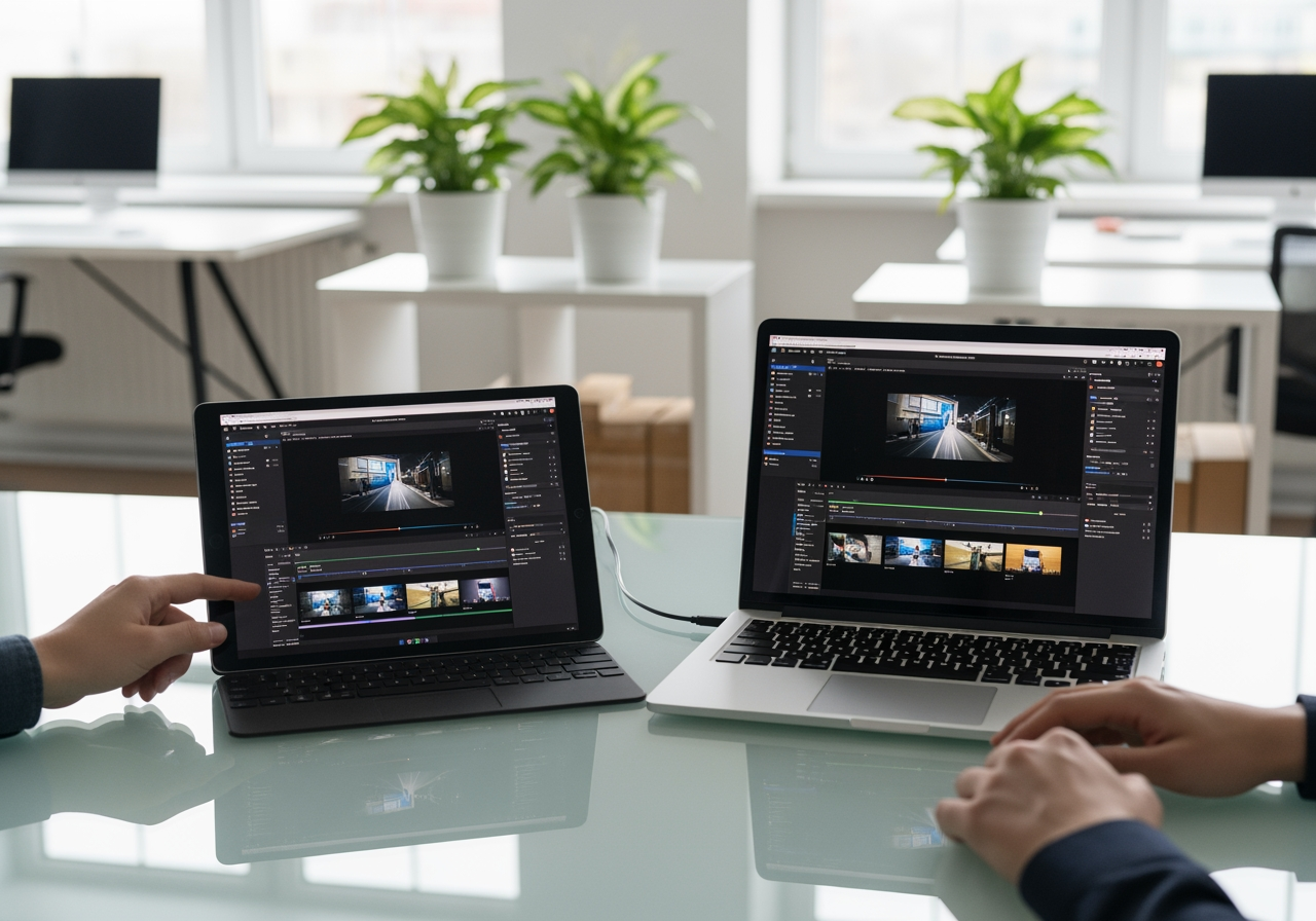 동기화된 영상 편집 프로젝트를 표시하는 여러 장치가 있는 협업 작업 공간