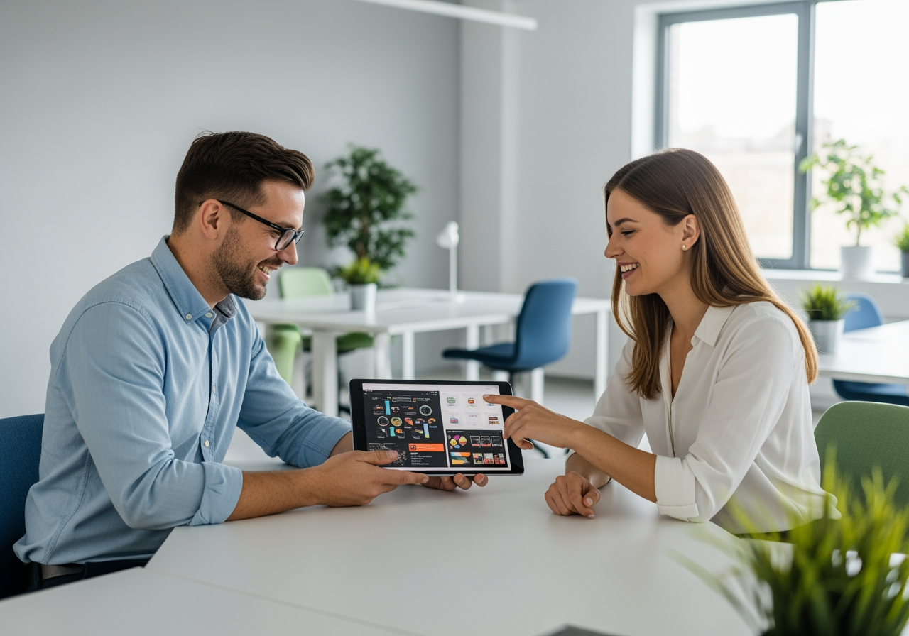 태블릿을 보며 협업하는 크리에이티브 팀