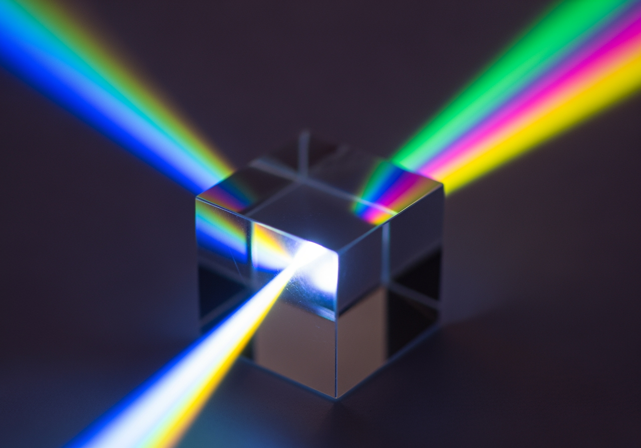 생생한 네온 색상으로 빛을 굴절시키는 크리스탈 유리 프리즘