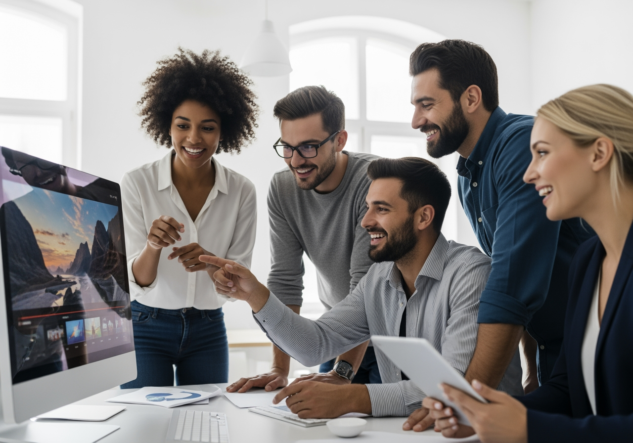 Equipe criativa colaborando em frente a uma tela de alta resolução em um escritório moderno